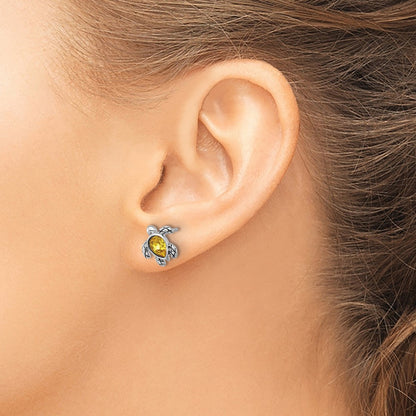 Sterling Silver Rhodium-plated Polished and Antiqued Yellow Crystal November Birthstone Turtle Earrings