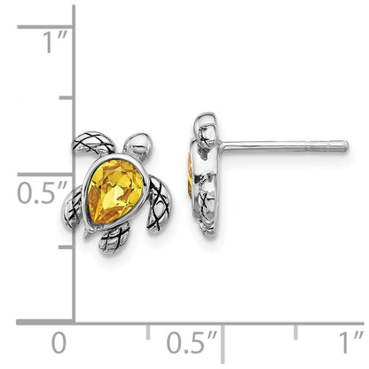 Sterling Silver Rhodium-plated Polished and Antiqued Yellow Crystal November Birthstone Turtle Earrings