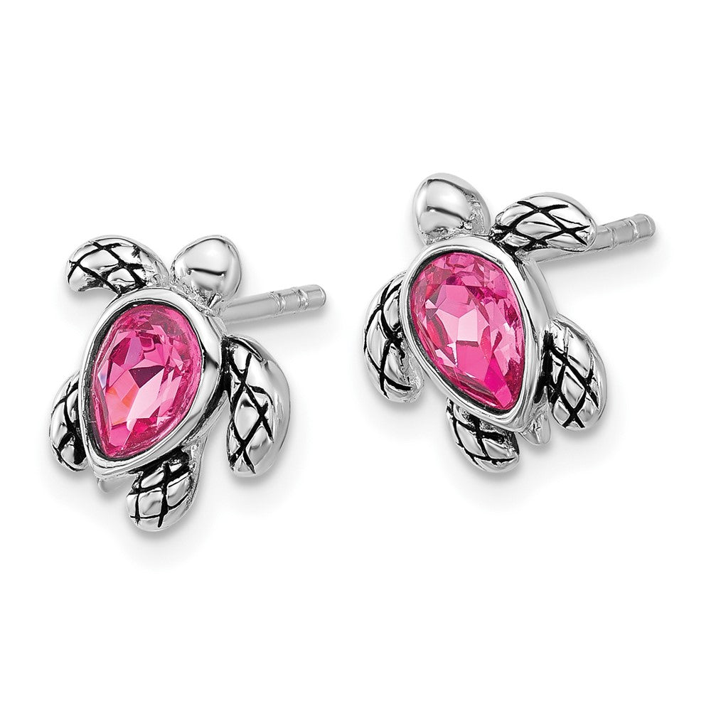 Sterling Silver Rhodium-plated Polished and Antiqued Pink Crystal October Birthstone Turtle Earrings