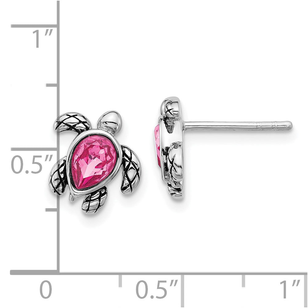 Sterling Silver Rhodium-plated Polished and Antiqued Pink Crystal October Birthstone Turtle Earrings