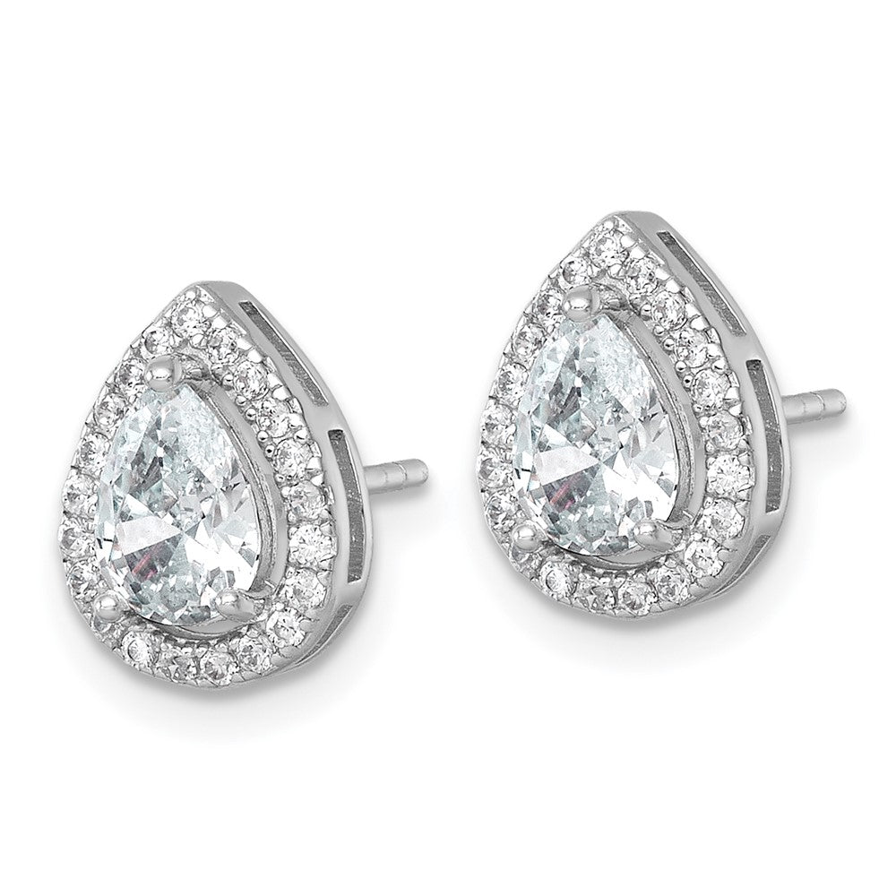 Sterling Silver Rhodium-plated Polished 11.0 x 9.0mm Pear CZ Halo Teardrop Post Earrings