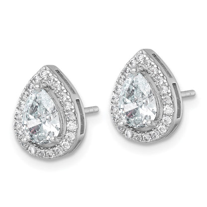 Sterling Silver Rhodium-plated Polished 11.0 x 9.0mm Pear CZ Halo Teardrop Post Earrings