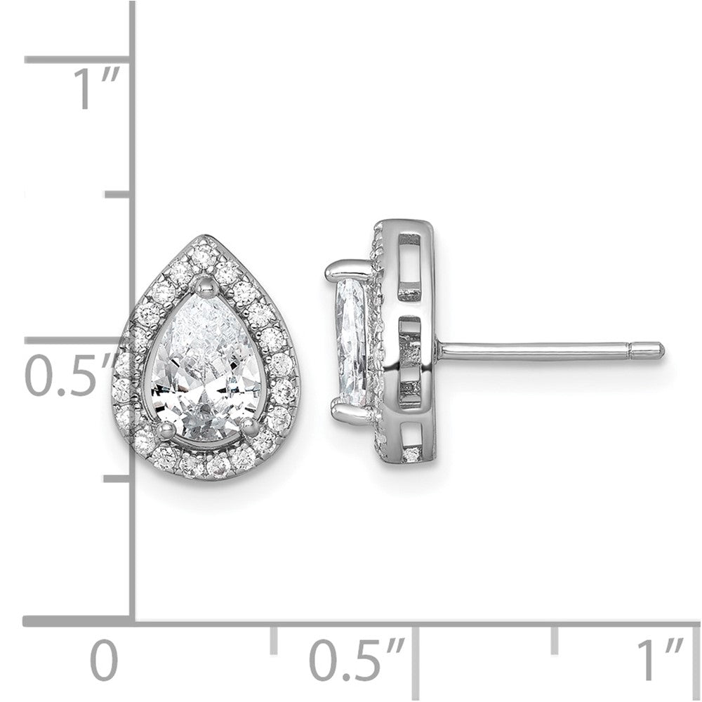 Sterling Silver Rhodium-plated Polished 11.0 x 9.0mm Pear CZ Halo Teardrop Post Earrings