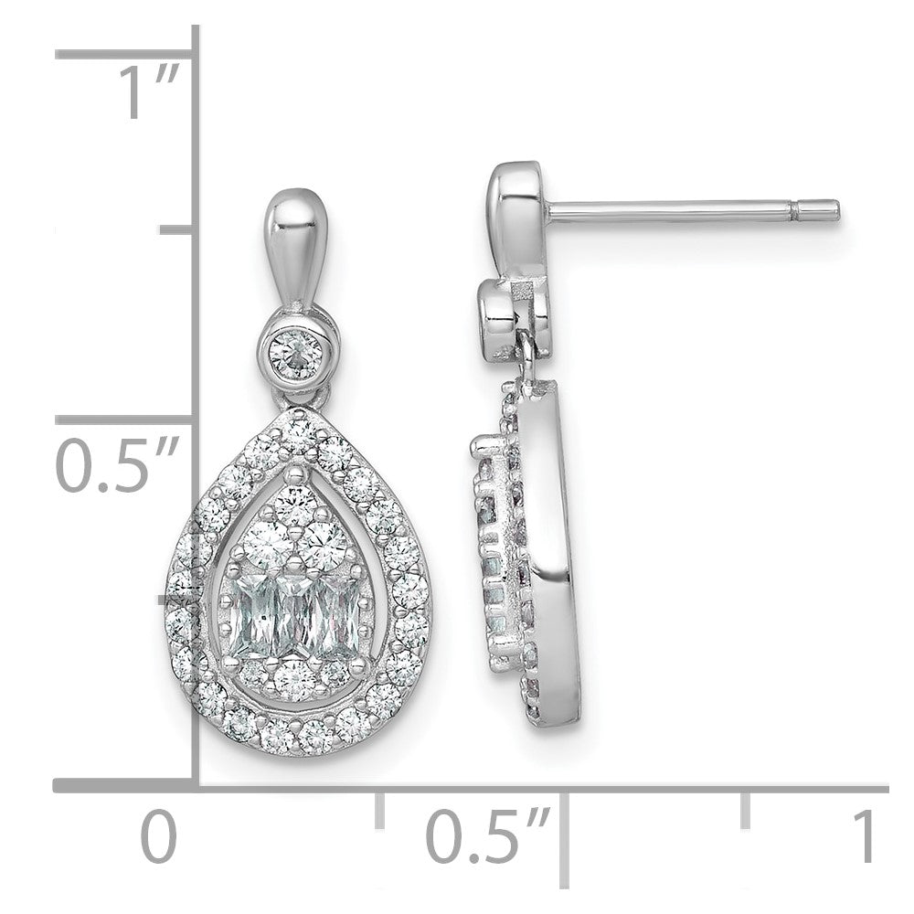 Sterling Silver Rhodium-plated Polished Fancy CZ Teardrop Halo Dangle Post Earrings