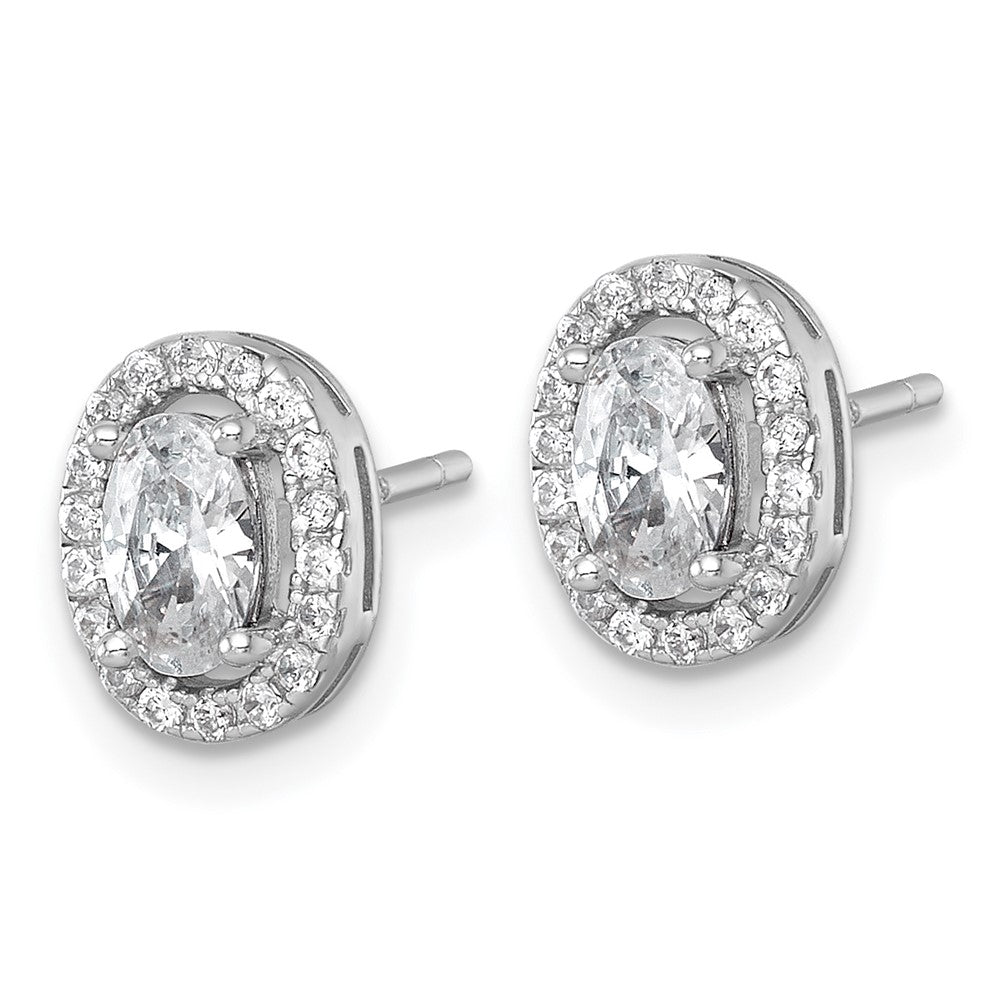 Sterling Silver Rhodium-plated Polished 9.5 x 7.0mm Oval CZ Halo Post Earrings