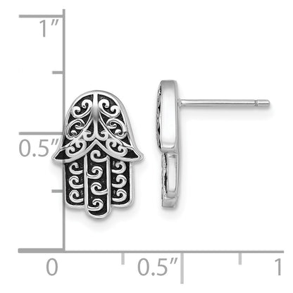 Sterling Silver Rhodium-plated Polished and Oxidized Filigree Hamsa Post Earrings