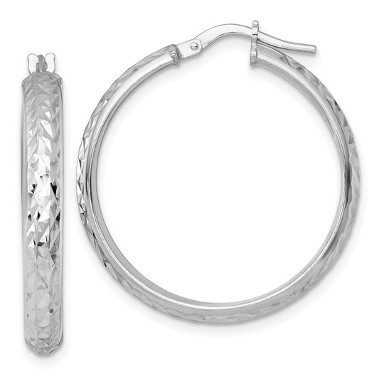 Sterling Silver Rhodium-plated Polished and Diamond-cut 4.00 x 30mm Tube Hoop Earrings