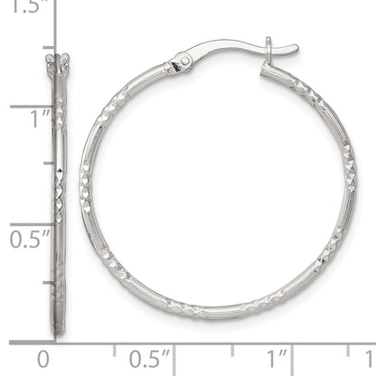 Sterling Silver Polished Diamond-cut Textured 30x1.5mm Round Hoop Earrings