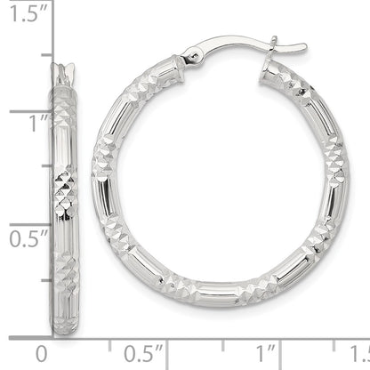 Sterling Silver Polished Diamond-cut Textured 30x3.25mm Round Hoop Earrings