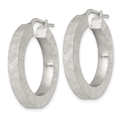 Sterling Silver Brushed Textured 4.25mm x 28mm Square Tube Hoop Earrings