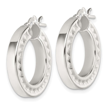 Sterling Silver Polished and Textured 4.00 x 23mm Hoop Earrings