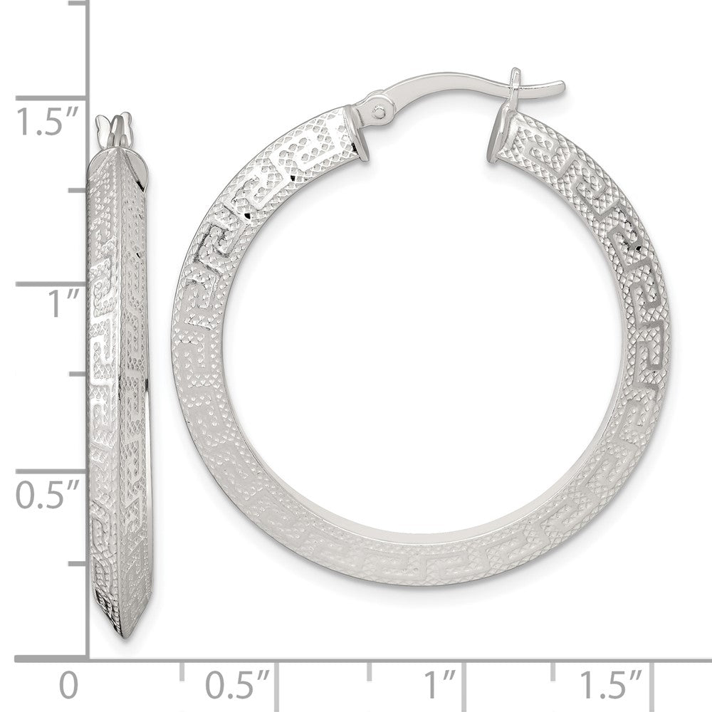 Sterling Silver Textured 35x4.0mm Knife Edge Greek Key Round Hoop Earrings