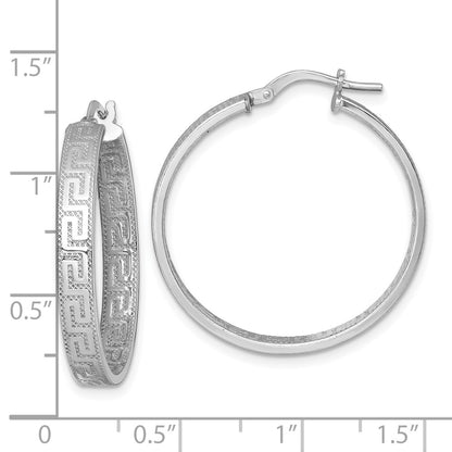 Sterling Silver Rhodium-plated Polished Textured In and Out Greek Key 4.00 x 29mm Hoop Earrings