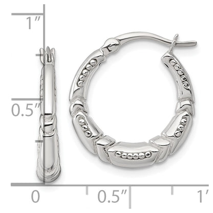 Sterling Silver Polished Beaded and Grooved Round Hollow Hoop Earrings