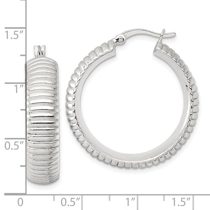 Sterling Silver Polished and Grooved 32x7.5mm Round Hollow Hoop Earrings