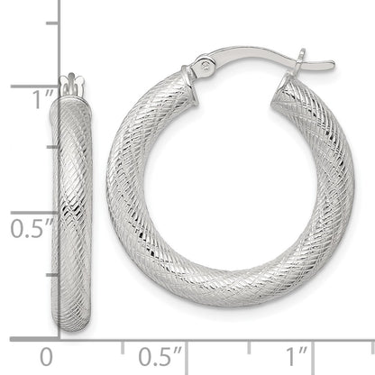 Sterling Silver Polished and Textured 25x4.0mm Round Hoop Earrings