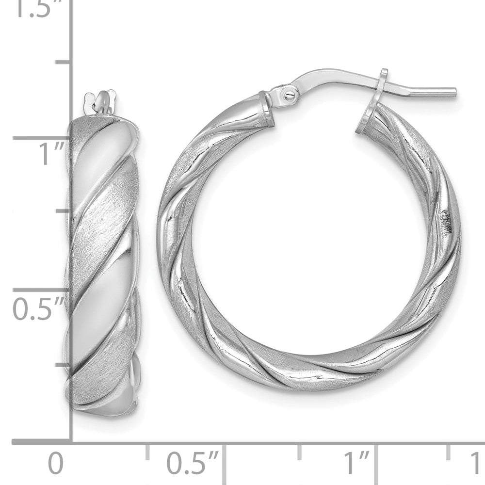 Sterling Silver Rhodium-plated Polished Brushed/Textured 6.00mm x 26mm Tube Hoop Earrings