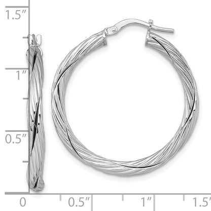 Sterling Silver Rhodium-plated Polished Textured and Twisted 3.00 x 30mm Round Hoop Earrings