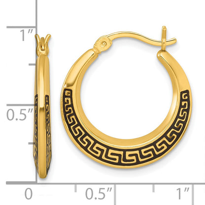 Sterling Silver Gold-tone Polished and Black Enameled Greek Key Round Graduated Hollow Hoop Earrings