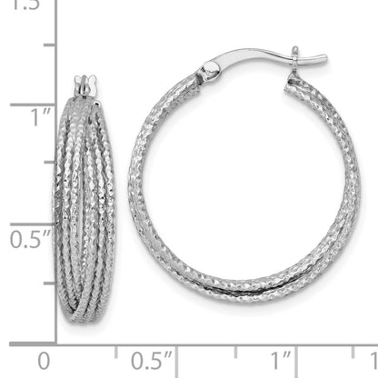 Sterling Silver Rhodium-plated Textured 25.0mm Crisscross Round Hoop Earrings