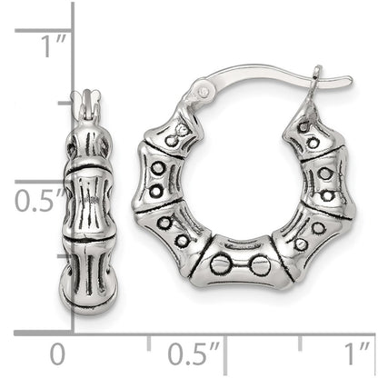 Sterling Silver Antiqued Textured Bamboo Round Hoop Earrings