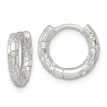 Sterling Silver Polished CZ Round Hinged Hoop Earrings