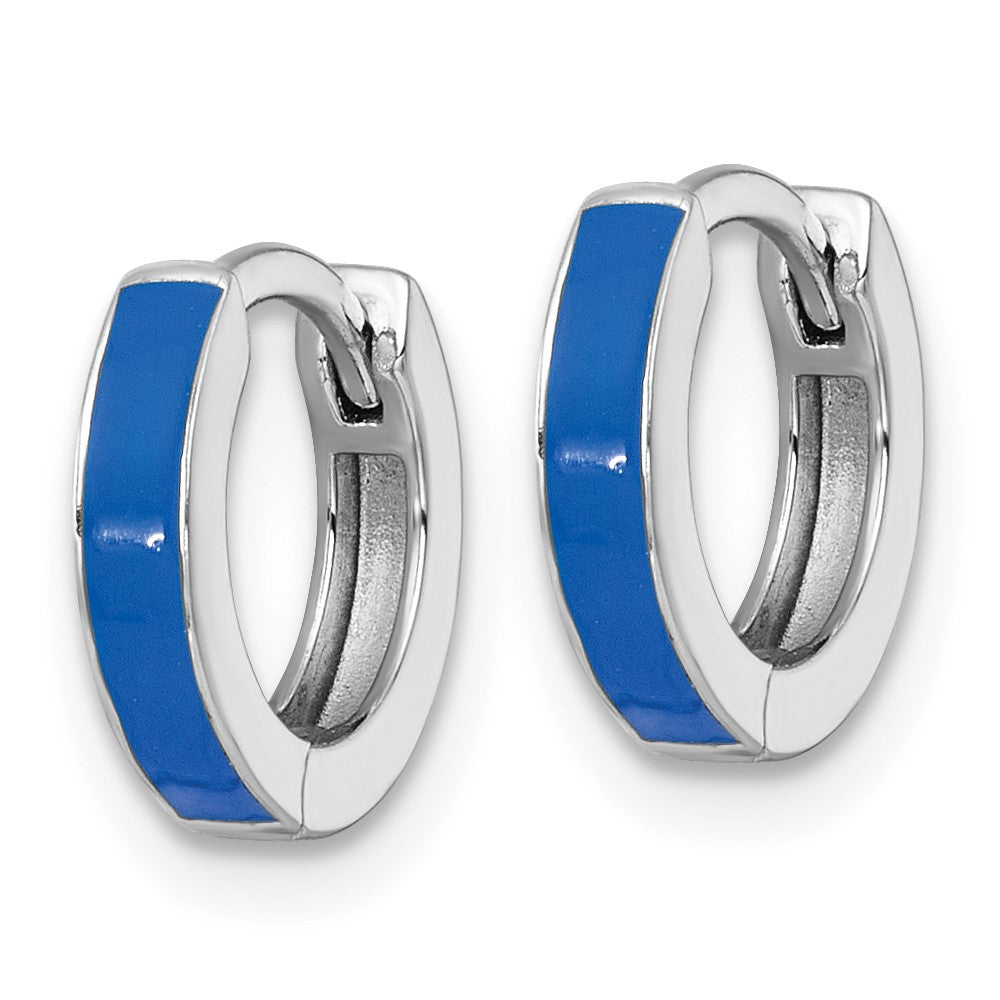 Sterling Silver Rhodium-plated Polished Blue Enameled Hinged Round Hoop Earrings