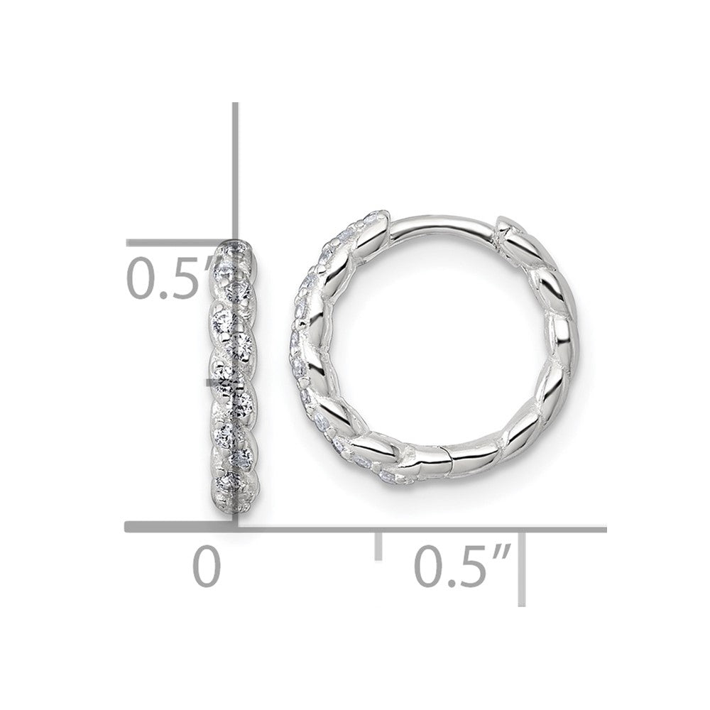 Sterling Silver Polished and Twisted 2.2mm x 12mm CZ Hinged Round Hoop Earrings