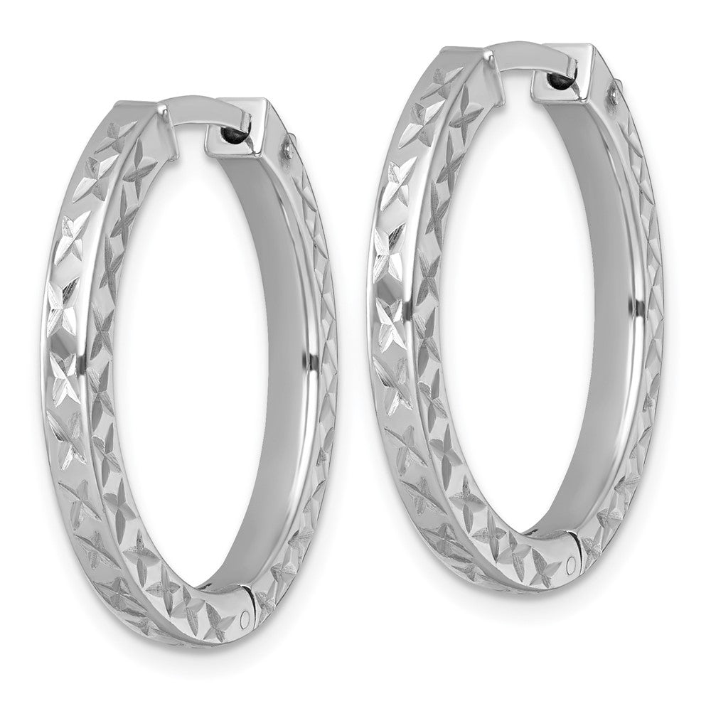 Sterling Silver Rhodium-plated Polished Diamond-cut 3x28mm with Safety Lock Hinged Square Tube Hoop Earrings