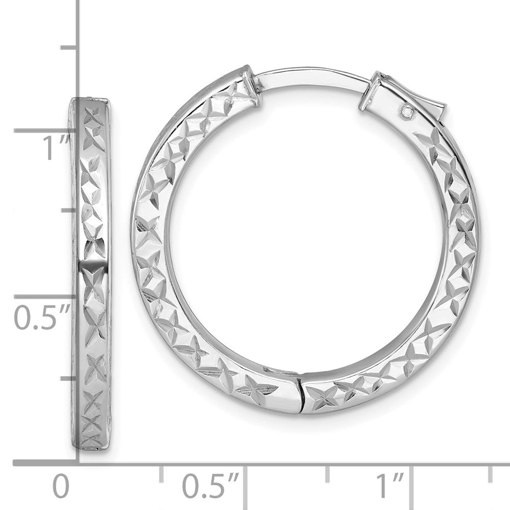 Sterling Silver Rhodium-plated Polished Diamond-cut 3x28mm with Safety Lock Hinged Square Tube Hoop Earrings