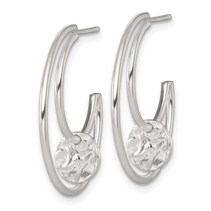 Sterling Silver Polished Textured Moveable Disc Fancy Crescent Moon C-Hoop Post Earrings