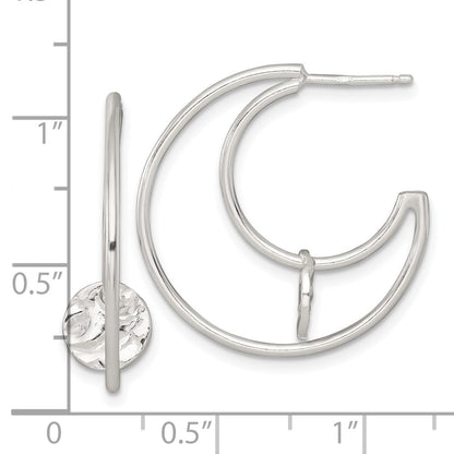 Sterling Silver Polished Textured Moveable Disc Fancy Crescent Moon C-Hoop Post Earrings