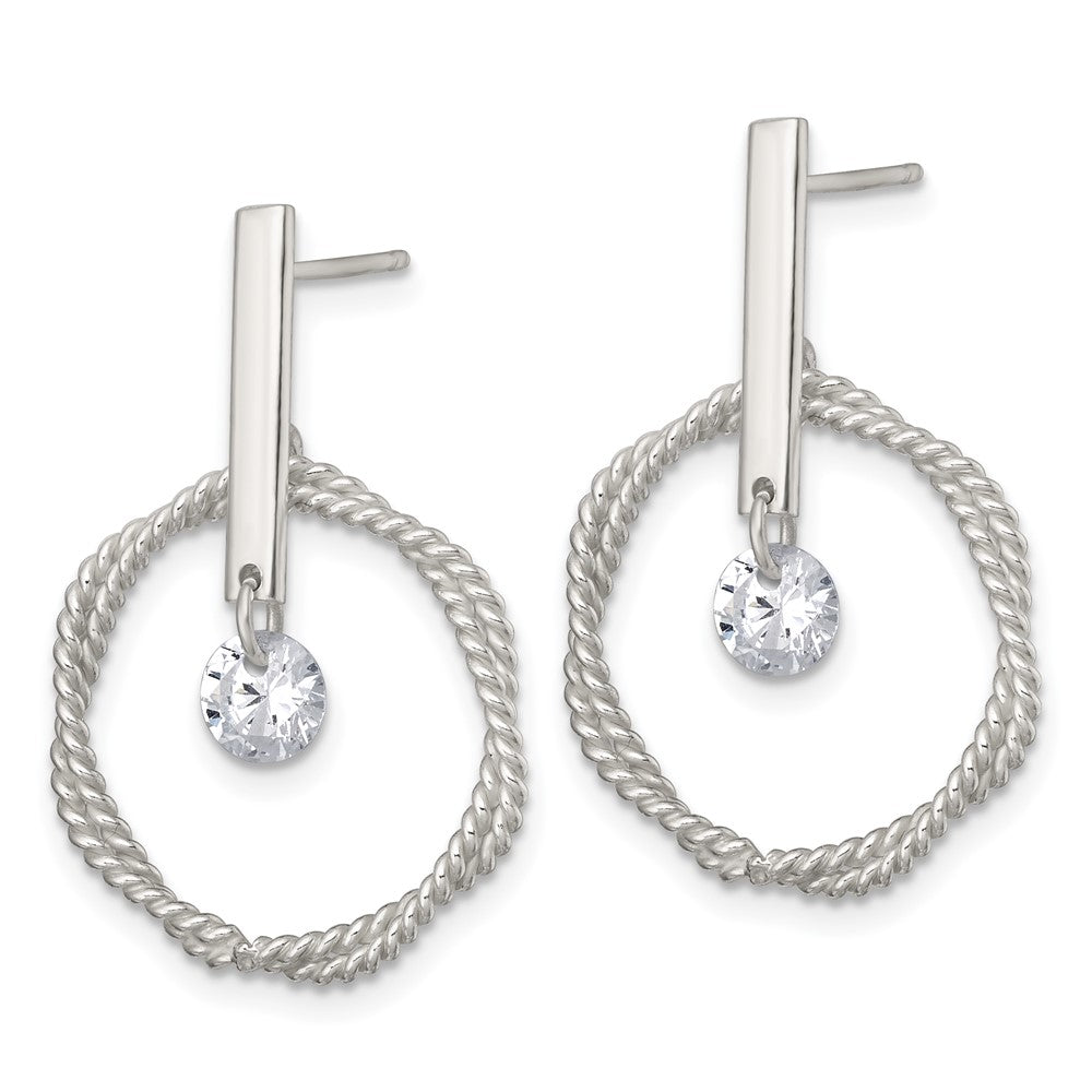 Sterling Silver Polished Twisted Circle with Moveable White CZ Dangle Post Earrings