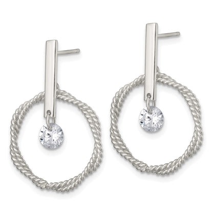 Sterling Silver Polished Twisted Circle with Moveable White CZ Dangle Post Earrings