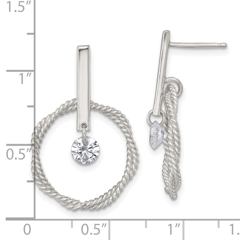 Sterling Silver Polished Twisted Circle with Moveable White CZ Dangle Post Earrings