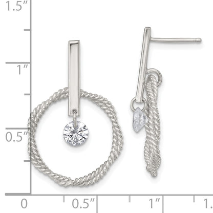 Sterling Silver Polished Twisted Circle with Moveable White CZ Dangle Post Earrings
