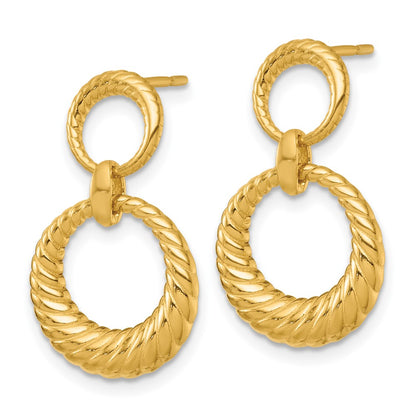 Sterling Silver Gold-tone Polished and Grooved Double Circle Doorknocker Post Dangle Earrings
