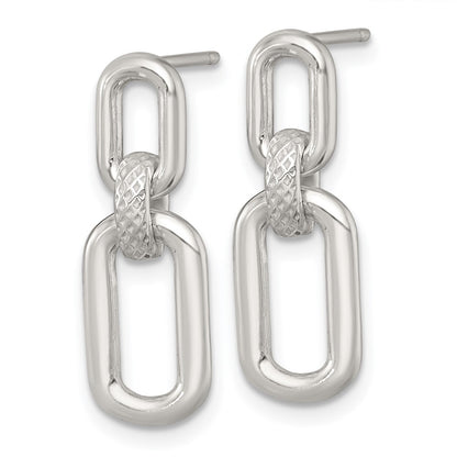 Sterling Silver Polished and Textured Fancy Rectangular Link Dangle Post Earrings