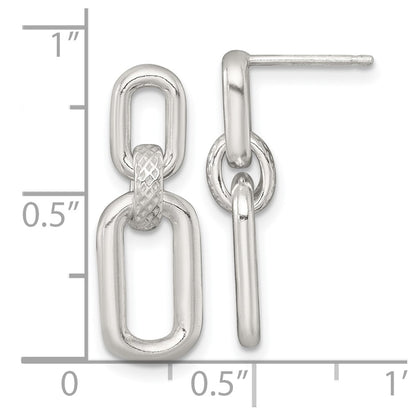 Sterling Silver Polished and Textured Fancy Rectangular Link Dangle Post Earrings