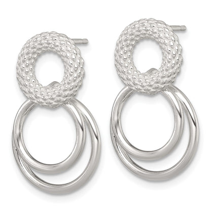 Sterling Silver Polished and Textured Double Circle Dangle Post Earrings