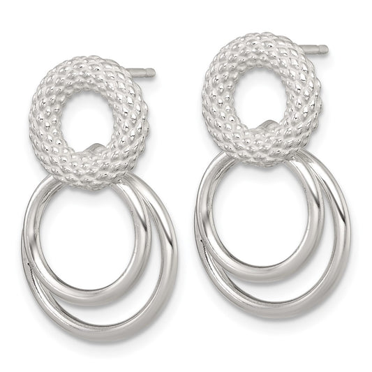 Sterling Silver Polished and Textured Double Circle Dangle Post Earrings
