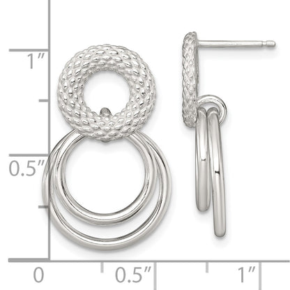 Sterling Silver Polished and Textured Double Circle Dangle Post Earrings