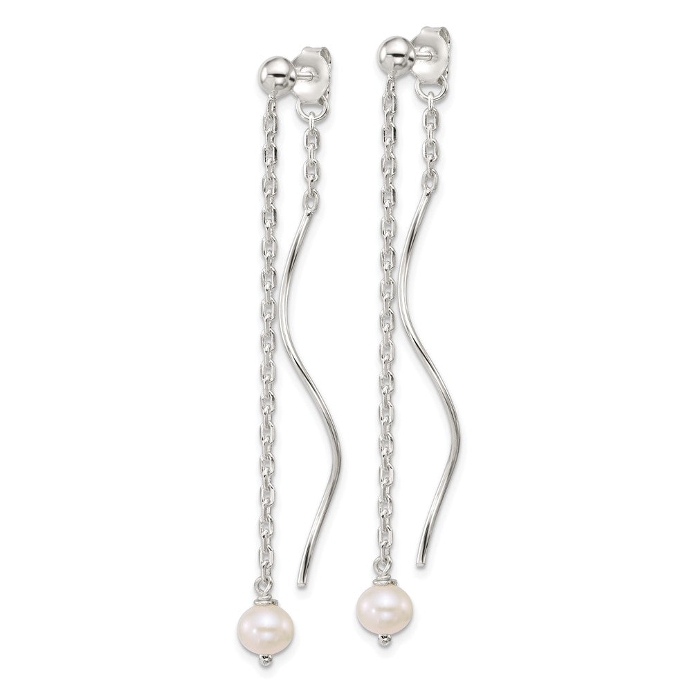 Sterling Silver Polished Fancy Freshwater Cultured Pearl on Chain and Twist Dangle Post Earrings