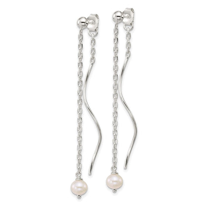 Sterling Silver Polished Fancy Freshwater Cultured Pearl on Chain and Twist Dangle Post Earrings