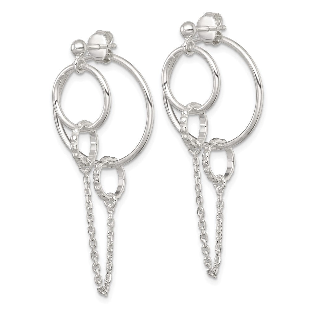 Sterling Silver Polished and Textured Multi Circle and Chain Dangle Post Earrings