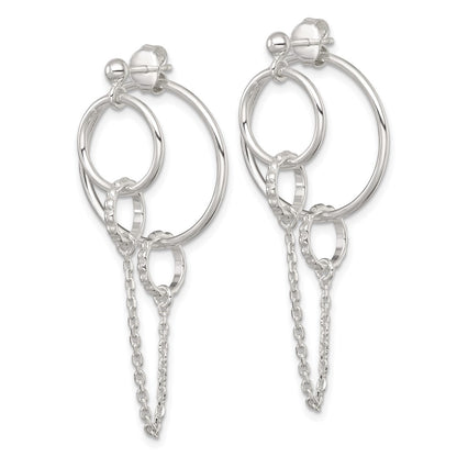 Sterling Silver Polished and Textured Multi Circle and Chain Dangle Post Earrings