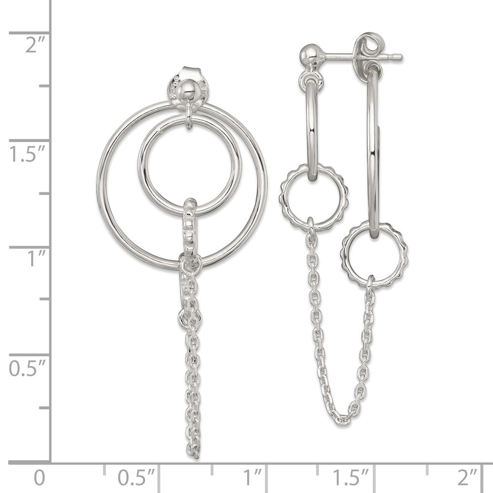 Sterling Silver Polished and Textured Multi Circle and Chain Dangle Post Earrings