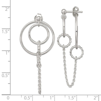 Sterling Silver Polished and Textured Multi Circle and Chain Dangle Post Earrings