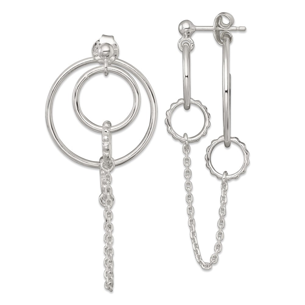 Sterling Silver Polished and Textured Multi Circle and Chain Dangle Post Earrings