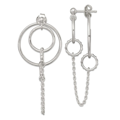 Sterling Silver Polished and Textured Multi Circle and Chain Dangle Post Earrings